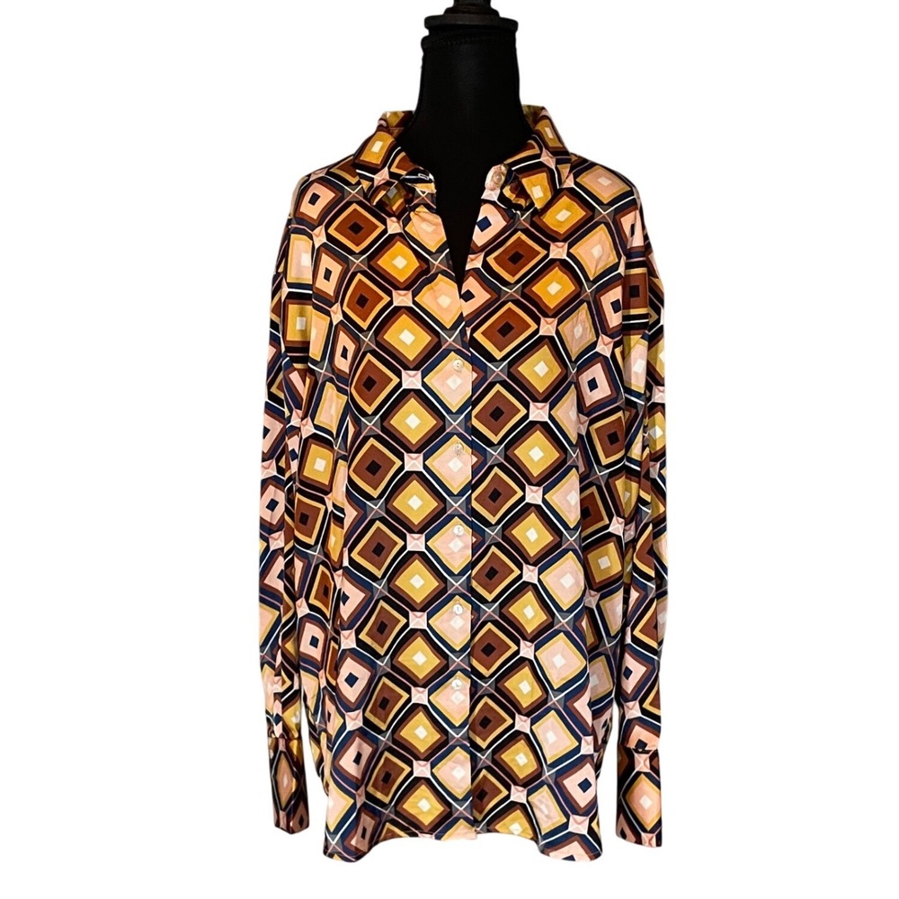 Haver London Women Geometric Diamond‎ Print Button Down Blouse 
 Lg Retro 70s